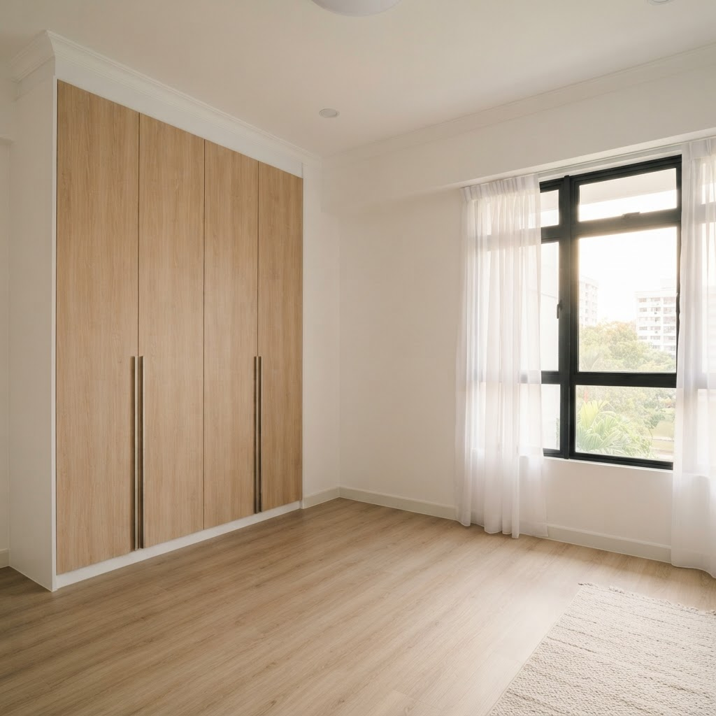 Newly renovated empty BTO bedroom with a floor-to-ceiling light oak built-in wardrobe