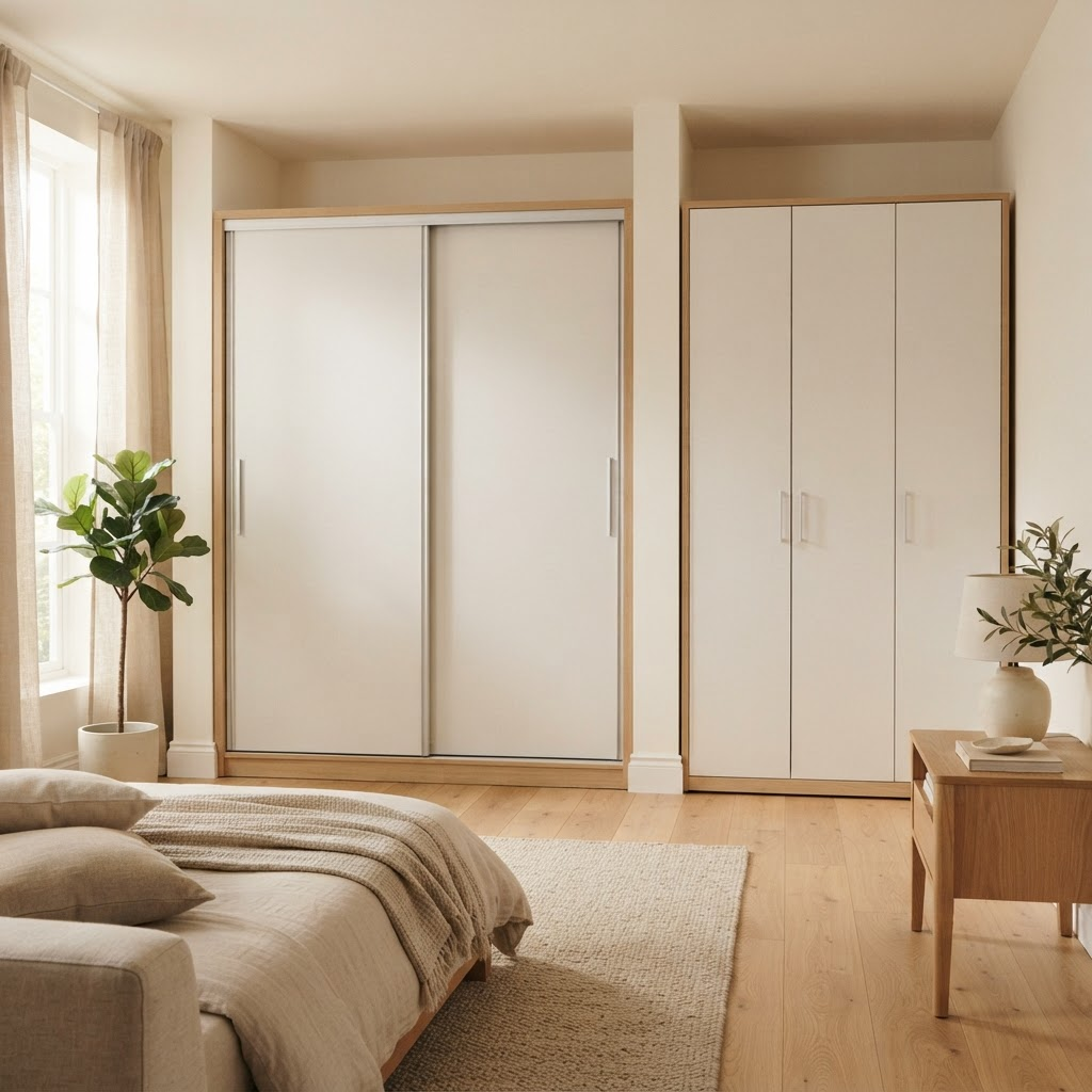 Sliding-door wardrobe next to a hinged-door wardrobe in a bright bedroom