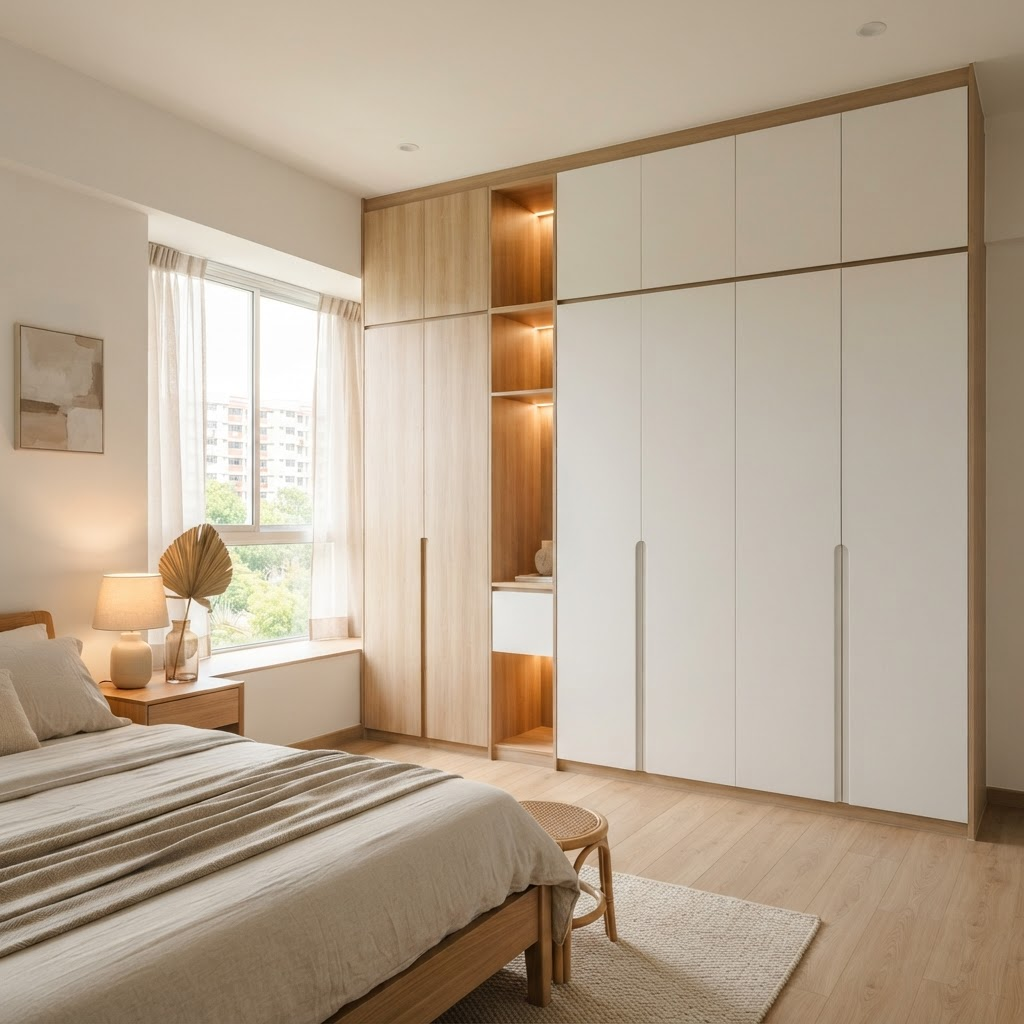 Floor-to-ceiling built-in wardrobe with light oak and matte white doors in a bright Singapore bedroom