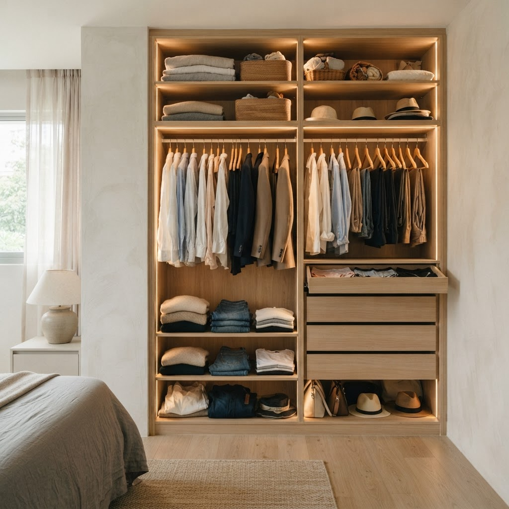 Open built-in wardrobe interior with shelves, hanging rails and warm LED lighting