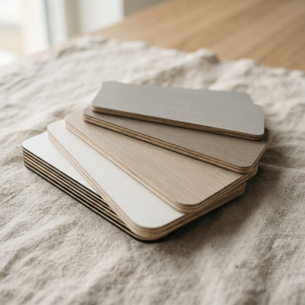 Wardrobe material samples — birch plywood edge and warm neutral laminate swatches on linen